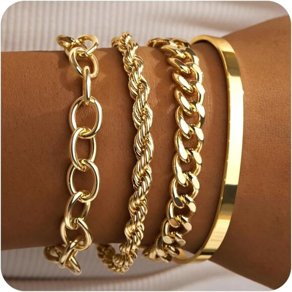 Elegant 4 PCS Chunky Gold Bracelets Set - Non-Tarnish & Adjustable for Women - Picture 1 of 7